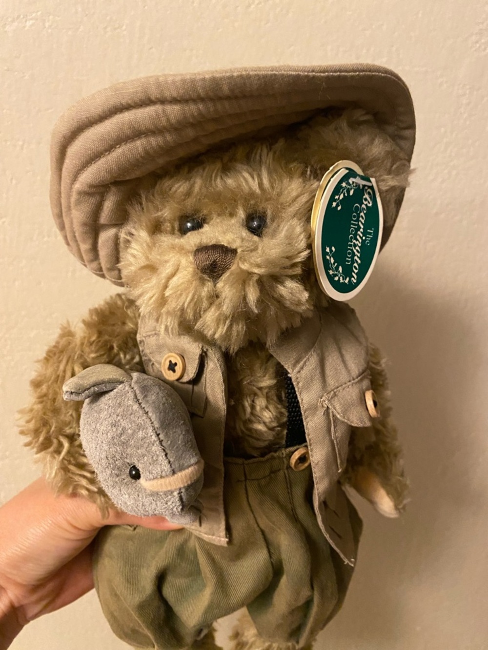 The Bearington Collection vintage Plush Explorer Bear with hat and clothes, 15”